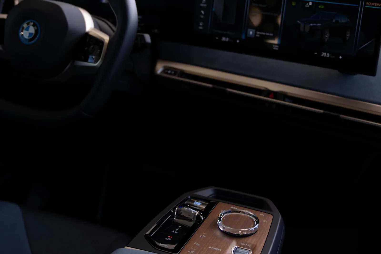 BMW iX cabin: the curved display and open-pore wood centre console with crystal controls